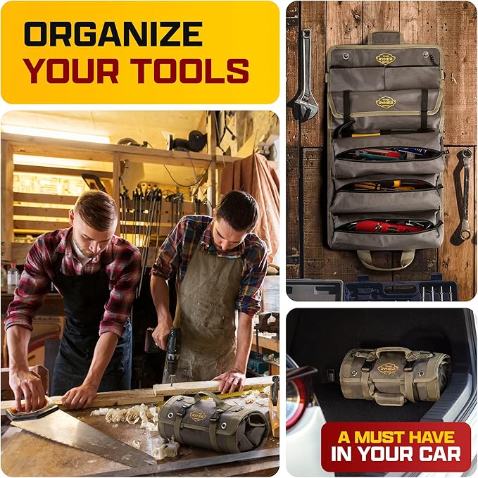 The Ryker PRO Official Roll Up Tool Bag Organizer Gifts for Dad. Motorcycle Tool Bag Organizer for Mechanic & Tools Storage Toolbag Tools Bags Mens gifts for him - w/4 Detachable Pouches & Wrench Roll
