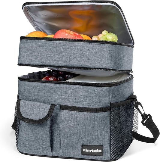Tirrinia Large Insulated Lunch Box for Women Men, Double-Layer Leak-Proof Reusable Lunch Bag with 4 Pockets for Adult, Lunch Bag Cooler Tote for Office Work and Travel,Carbonarius