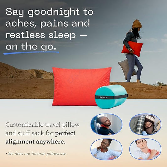 Coop Home Goods Original Adjustable Travel Pillow and Waterproof Pillow Protector Red Bundle with Compressible Stuff Sack, Medium-Firm Memory Foam and Washable Cover, CertiPUR-US Certified (19x13)
