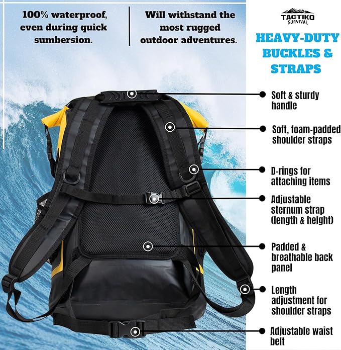 TACTIKO 30L Heavy-Duty 100% Waterproof Backpack, Roll Top Dry Bags for Kayaking, Hiking, Camping, Survival
