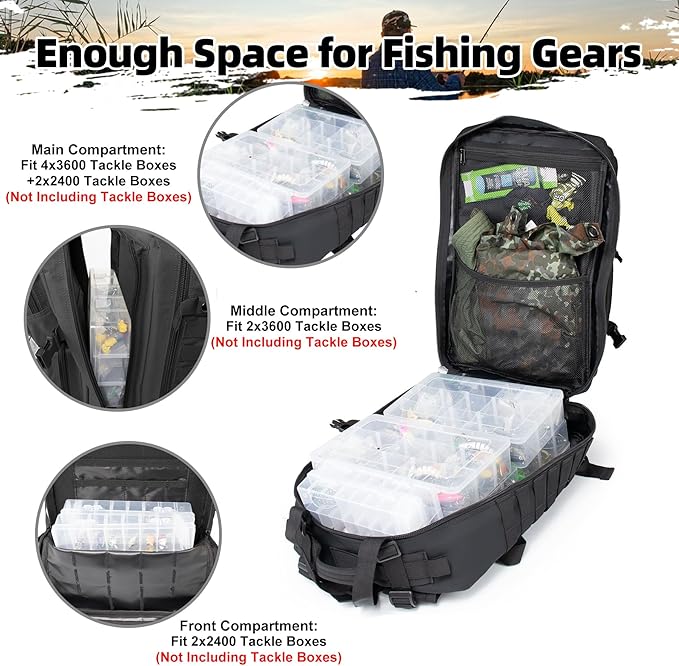 45l Large Fishing Tackle Backpack with Removable Plier Holder & Rod Holders, Black Tactical Bag, Fishing Gear and Tackle Box Organizer, Hiking Rucksack without Tackle Box