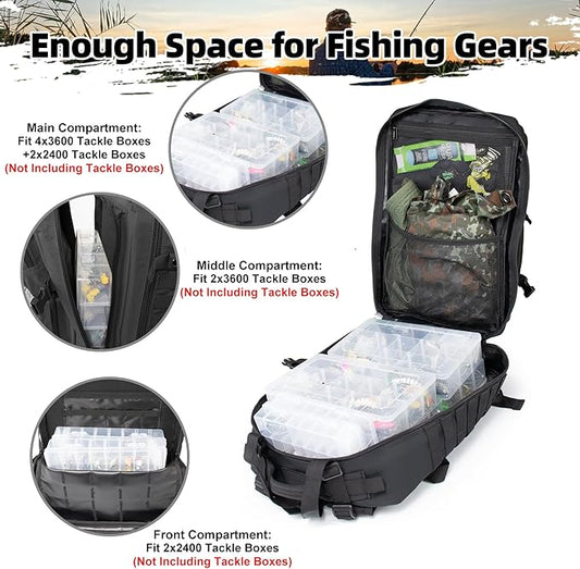 45l Large Fishing Tackle Backpack with Removable Plier Holder & Rod Holders, Black Tactical Bag, Fishing Gear and Tackle Box Organizer, Hiking Rucksack without Tackle Box