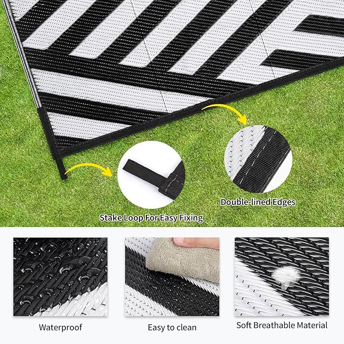 Outdoor Patio Plastic Straw Rug - 9'x18' Outdoor Camping Rug Waterproof Reversible, Area Carpet Patios Clearance RV, Outside Porch Balcony Deck for Camper, White & Black