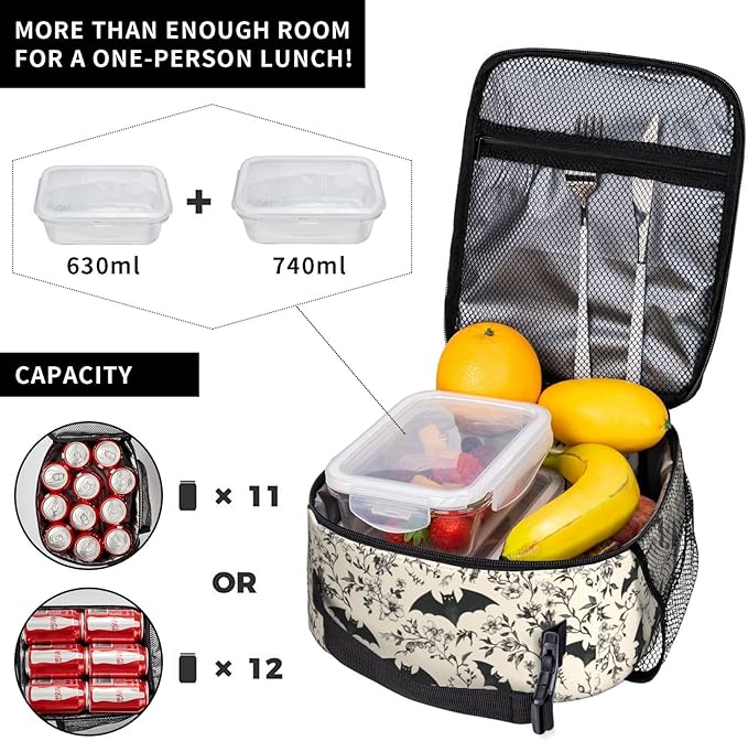 Bat Lunch Bag Insulated Reusable Lunch Box Thermal Cooler Tote For Men Women Work Travel Picnic Hiking