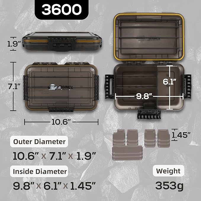 RUNCL Fishing Tackle Box, Waterproof Tray for Jigs Lures, Thicker Floating Tackle Utility Box with Adjustable Dividers, 3600/3700/Large 3700 Size