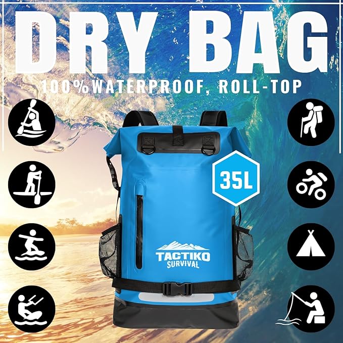TACTIKO 30L Heavy-Duty 100% Waterproof Backpack, Roll Top Dry Bags for Kayaking, Hiking, Camping, Survival