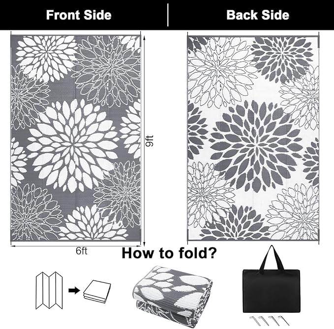 Ileading Reversible Outdoor Rug 6x9Ft Waterproof Patio Rug Carpet Portable Outdoor Plastic Straw Rug Large RV Camping Mat Rug for Patio, Clearance, Deck, Beach, Porch, Camping, Picnic, Flower Grey