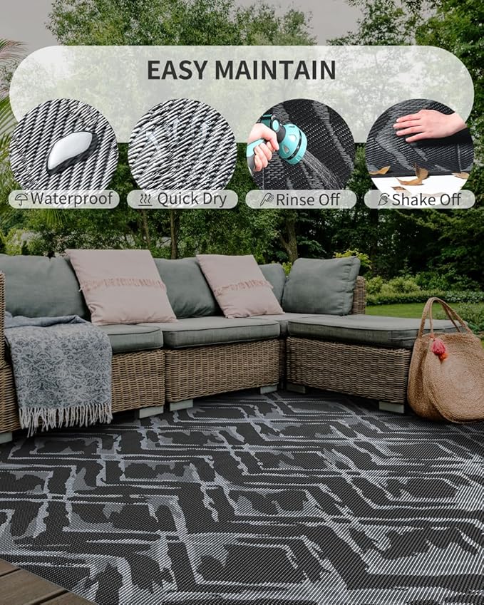 MontVoo Outdoor Rug Waterproof-Patio Rug Mat 5x7 Outdoor Carpet Reversible RV Camping Picnic Plastic Straw Rug Outside Outdoor Area Rug for Balcony Deck Backyard Patio Decor Modern Abstract