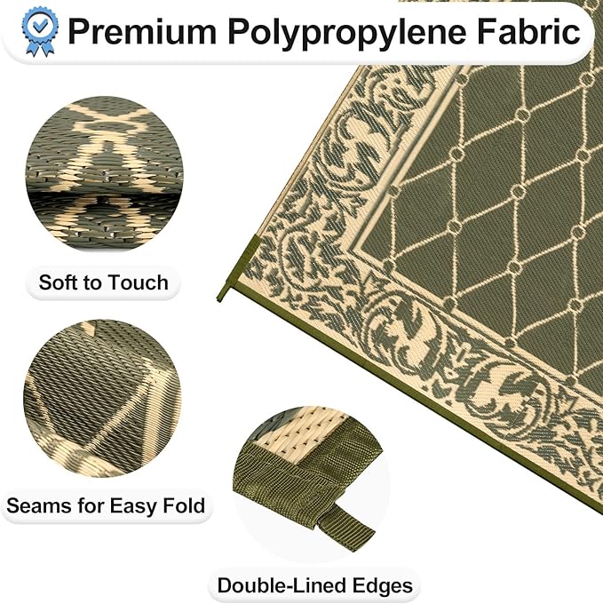 OutdoorLines Indoor Outdoor Rugs for Patio 5x8 ft - Reversible Outside Carpet, Stain & UV Resistant Portable RV Mat, Plastic Straw Rug for Camping, Pool Deck, Porch Rhombus Deep Lichen Green & Vanilla