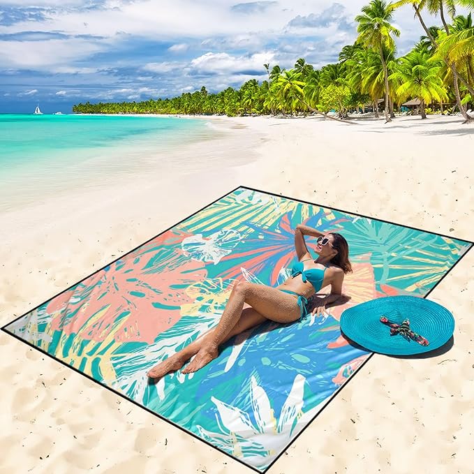 Beach Blanket Waterproof Sandproof Beach Mat 79" X 83" /10'x9'for 2-8 Adults Quick Drying Outdoor Picnic Mat Beach Accessories for Travel, Camping, Hiking