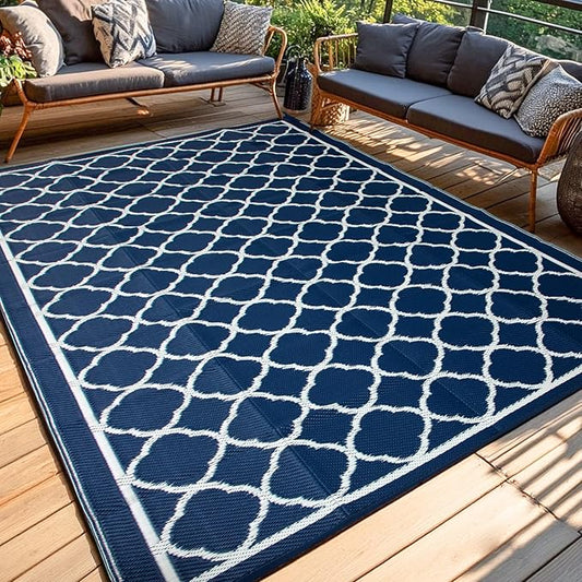 Waterproof Outdoor Rug 9x12 ft, Reversible Plastic Straw Rug, Easy to Clean Patio Rug, Portable Carpet for Patio, RV, Deck, Balcony, Backyard, Picnic, Beach, Clover, Navy Blue