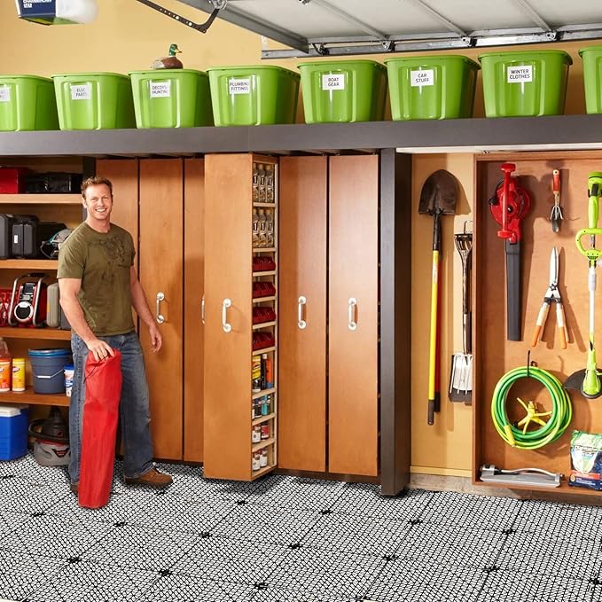 FengWu 12 Pack 12'' x Interlocking Rubber Bathroom Flooring Tiles Non-Slip Splicing Waterproof Mat Modular Cushion for Drain, Deck, Pool, Patio, Balcony, Shower, Kitchen, Yard (Black)