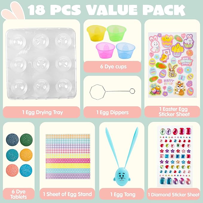 Klever Kits 20Pcs DIY Easter Egg Decorating Kit, Dye Kit with Gradient Color Tablets, Stands, Stickers for Party Favor, Creativity Activity, Hunt, Gift
