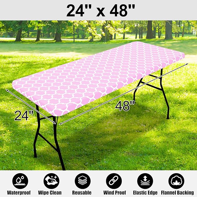 Smiry Rectangle Picnic Table Cover, Waterproof Elastic Fitted Camping Tablecloths for 4 Foot Tables, Wipeable Flannel Backed Vinyl Tablecloth Protector for Indoor, Outdoor (Pink, 24x48 Inches)
