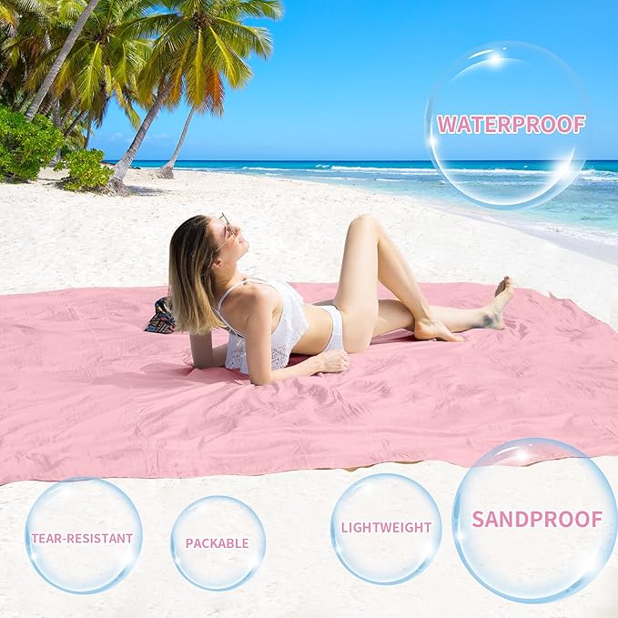 BYDOLL Beach Blanket Waterproof Sandproof 78''×81'' Suits1-4 Adults Compact Lightweight Oversized Sand-Free Blanket Large Picnic Mat for Beach Travel Camping Hiking