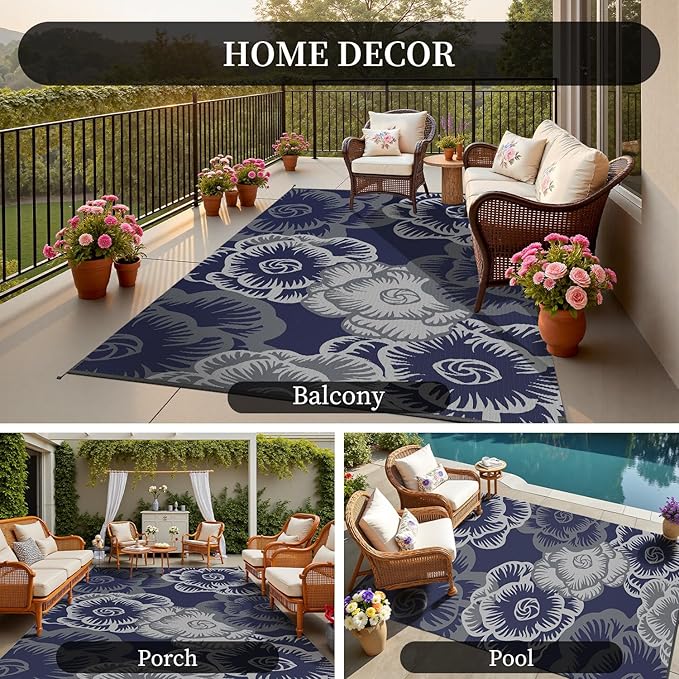 MontVoo Outdoor Rug-Waterproof Patio Rug Mat 5x8 Outdoor Carpet Mat Reversible Plastic Straw Outside Outdoor Rug for RV Camping Picnic Beach Balcony Backyard Pool Deck Farmhouse Floral Navy Blue