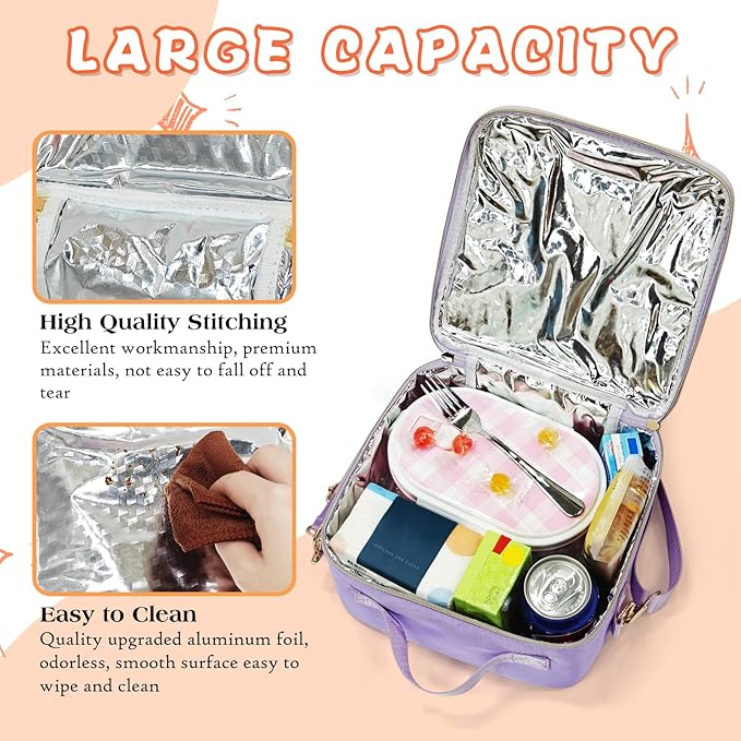 Insulated Lunch Bag Women Lunch Box Kids for Teen Girls Boys, Cute Preppy Lunch Boxes With Adjustable Shoulder Strap, Waterproof Nylon Lunchbox Lunch Bags for School Work Picnic (Purple)