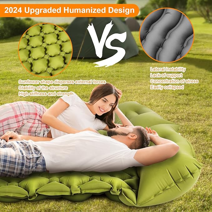 Double Sleeping Pad, Ultralight 4" Extra-Thick Self Inflating Sleeping Mat for 2 Person with Pillow Built-in Foot Pump Portable Camping Mat for Backpacking, Hiking, Traveling, Tent, Camping