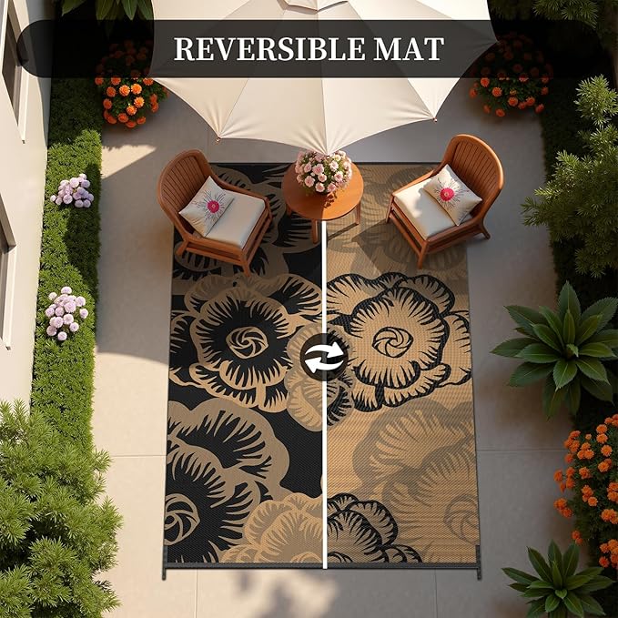 MontVoo Outdoor Rug-Waterproof Patio Rug Mat 5x8 Outdoor Carpet Mat Reversible Plastic Straw Outside Outdoor Rug for RV Camping Picnic Beach Balcony Backyard Pool Deck Farmhouse Floral Black Brown