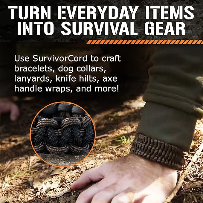 TITAN Survival Patented Paracord 550 - 25ft, 100ft, 500ft & Color Options - 620LB Strength Survival Paracord Military Spec with 3 Strands - Heavy Duty Hank Cord for Camping & Outdoors with Firestarter