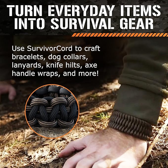 TITAN Survival Patented Paracord 550 - 25ft, 100ft, 500ft & Color Options - 620LB Strength Survival Paracord Military Spec with 3 Strands - Heavy Duty Hank Cord for Camping & Outdoors with Firestarter
