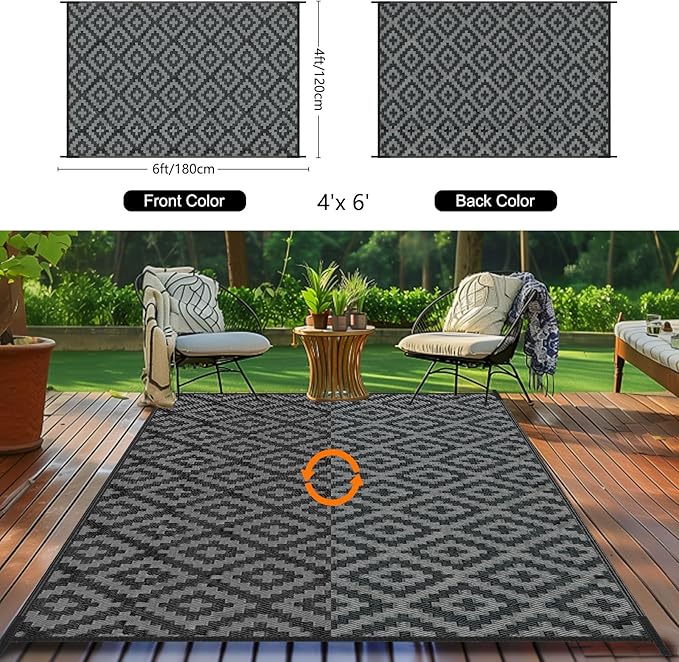 Outdoor Patio Plastic Straw Rug - 4'x6' Outdoor Camping Rug Waterproof Reversible, Area Carpet Patios Clearance RV, Outside Porch Balcony Deck for Camper, Black & Grey