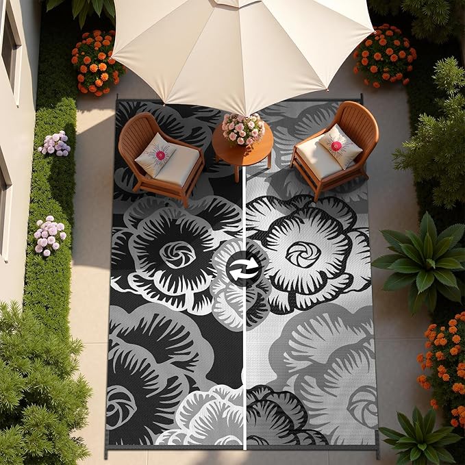 MontVoo Outdoor Rug 8x10 ft Waterproof Patio Rug-Outdoor Carpet Mat Reversible Plastic Straw Outside Outdoor Rug for RV Camping Picnic Beach Balcony Backyard Pool Deck Porch Farmhouse Floral Black