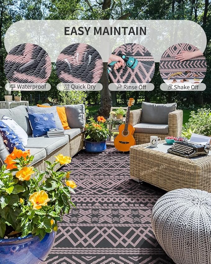 MontVoo Outdoor Rug Carpet Waterproof 6x9 Outdoor Patio Rug Mat Reverisble Plastic Straw Outdoor Rug for RV Camping Picnic Beach Balcony Boho Pink Grey