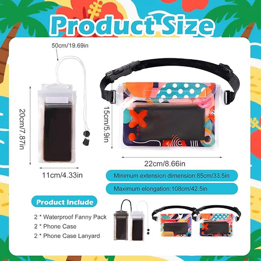 4 Pack Waterproof Fanny Pack with Waist Strap Waterproof Phone Pouch Dry Bag for Kayaking Pool Swimming Boating Beach Fishing Travel Diving Surfing (B-Hawaii, 2 Fanny Pack + 2 Phone Pouch)