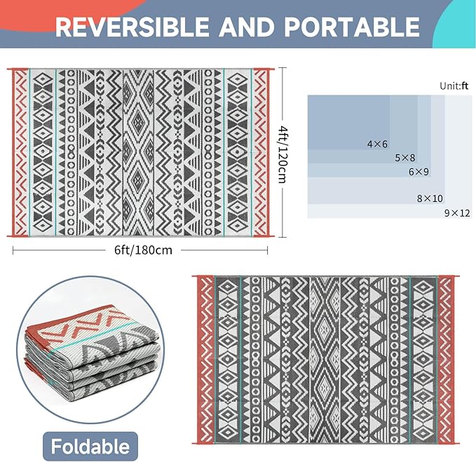 Outdoor Rugs Patio Camping Waterproof - 4x6 Plastic Straw Patio Rug Portable for Campers, Outside RVs Mat, Outdoor Area Carpet for Patios Clearance, Backyard Porch, Balcony, Picnic