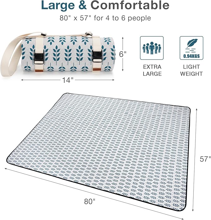 Picnic Blankets Washable | Beach Mat Sand Free Waterproof | Camping Blankets | Emergency Blankets | Picnic Baskets Accessories with Waterproof Backing and Shoulder Strap - BlueLeaf