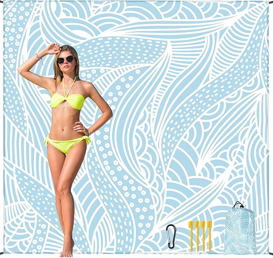 Beach Blanket Waterproof Sandproof Beach Mat 79”x 83” for 1-4 Adults Quick Drying Durable Outdoor Picnic Mat for Beach Festival Travel Camping Hiking (BL-Ripple, 79"×83"(4 Person))