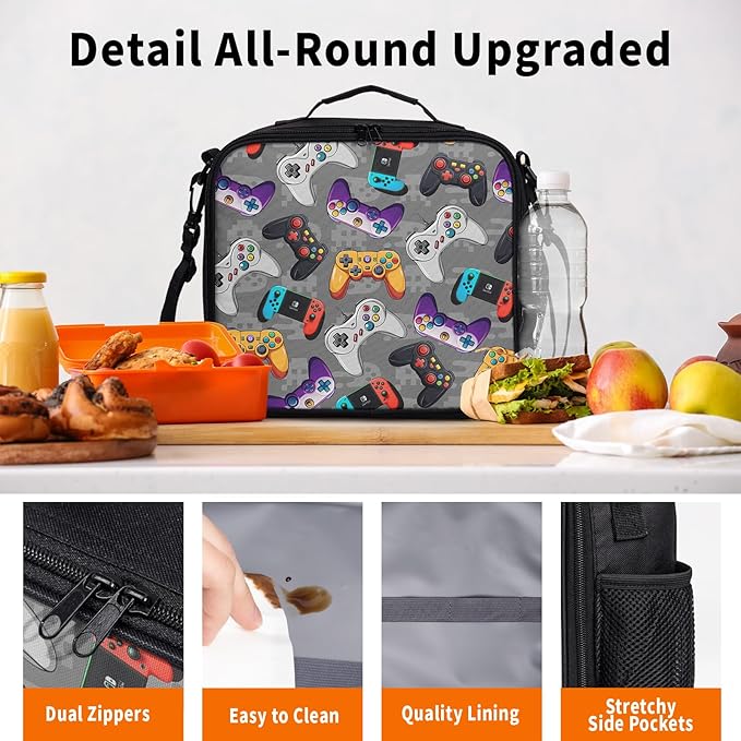 Game Colorful Lunch Bag Gray Gaming Lunch Boxes for Women/Man Office Work Travel School Work Picnic Durable Reusable Insulated Large Lunch Tote Bag with Adjustable Shoulder Strap
