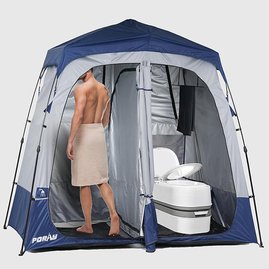 Camping Shower Tent Deluxe Changing Room Easy Set Up Privacy Shelter,Large Toilet Tent 2 Rooms with Floor Drain Design for Beach, Camping,Hiking with Stakes and Ropes for Stability