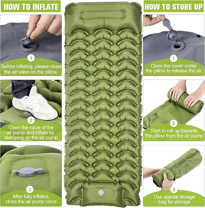 Sleeping Pad, Ultralight Inflatable Sleeping Pad for Camping with Pillow, Built-in Pump, Ultimate for Camping, Hiking - Airpad, Carry Bag, Repair Kit, Compact & Lightweight Camping Pad(Green)