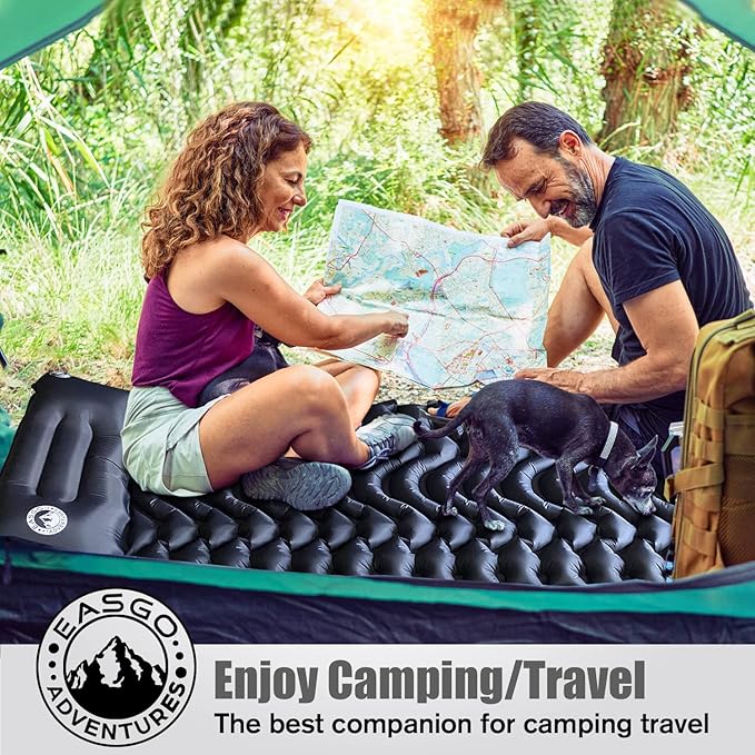 Sleeping Pad for Camping, Inflatable, Backpacking, Hiking, Travel, Built-in Step Inflating Air Pump, Integrated Pillow, Indoor Outdoor Firm Sleep Support, Compact and Portable, Black
