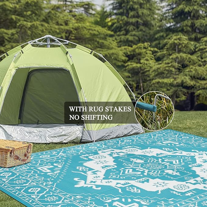 Pauwer Waterproof Outdoor Rug 9x12, Reversible Plastic Straw Patio Camping Rug, Indoor Outdoor RV Mat Carpet for Deck, Camper, Porch, Balcony, Backyard, Picnic, Medallion Teal