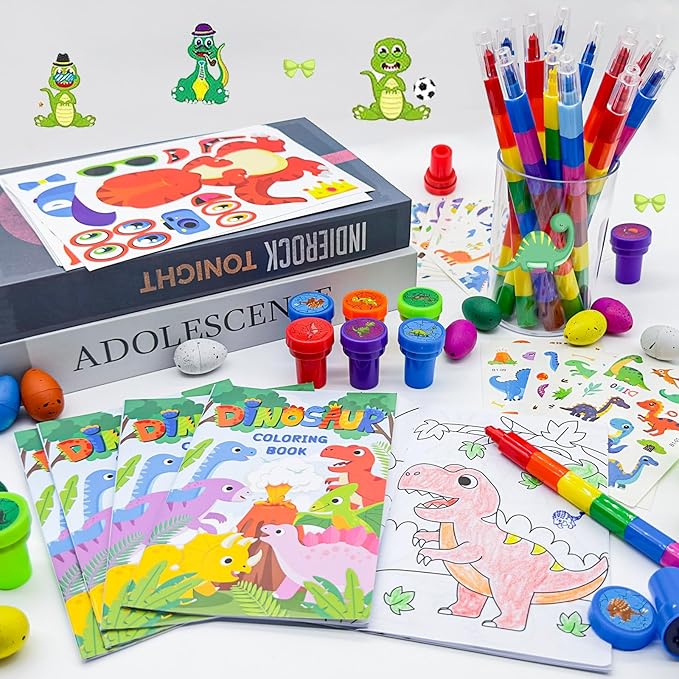Cinrobiye 72 Pcs Dinosaur Coloring Book with Crayons Party Favors,Dinosaur Party Goodie Bags Fillers,Dinosaur Birthday Party Games Craft DIY Kit Face Stickes Tattoo for Dinosaur Pinatas