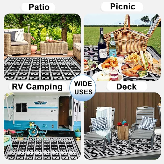 OutdoorLines Outdoor Plastic Area Rugs for Patio 4x6 ft - Reversible Outside Carpet, Stain & UV Resistant RV Mats, Straw Rug for Camping, Deck Garden, Porch and Balcony, Geometry Black & Light Grey