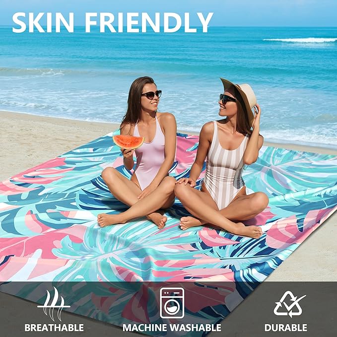 Beach Blanket Waterproof Sandproof Beach Mat for 1-8 Adults Quick Drying Durable Outdoor Picnic Mat for Beach Festival Travel Camping Hiking (Flamingoes-Palm, 79"×83"-4 Person)