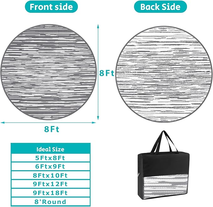 HEBE Round Outdoor Rug 8' Waterproof for Patios Clearance, Reversible Plastic Straw Rug Camping Carpet, Indoor Outdoor Area Rugs Patio Mats for RV,Picnic,Backyard,Deck,Balcony,Porch