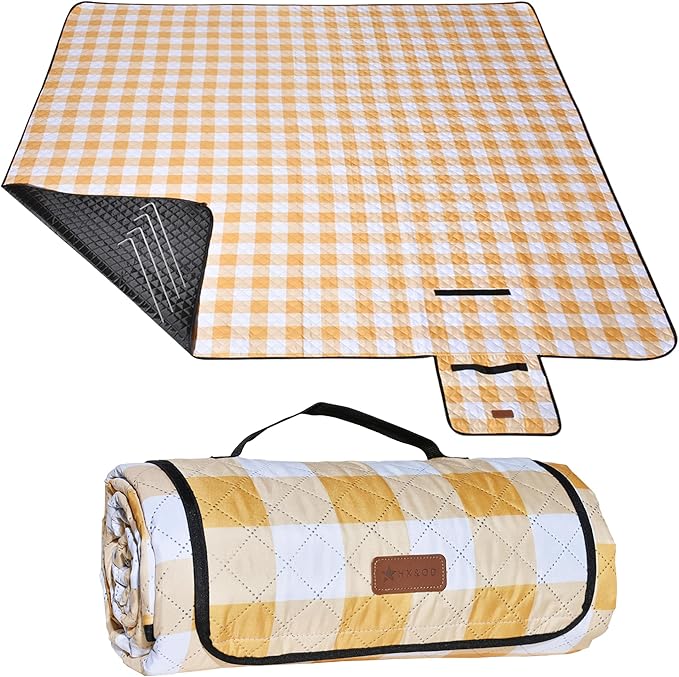 HX&OD Outdoor Picnic Blanket, Extra Large, 80''x80'' Waterproof Foldable Blankets Gingham Picnic Mat for Beach, Camping Grass Lawn Park Accessories Cute Couple Ideas Wedding (Yellow, 80”x80”)