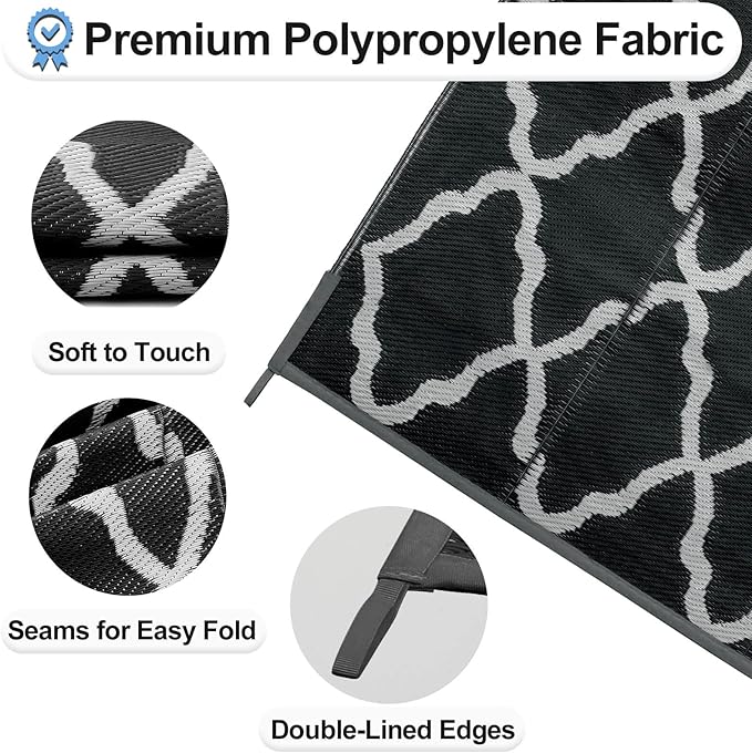 OutdoorLines Outdoor Plastic Area Rugs for Patio 5x8 ft - Reversible Outside Carpet, Stain & UV Resistant RV Mats, Straw Rug for Camping, Deck Garden, Porch and Balcony, Moroccan Black & Light Grey