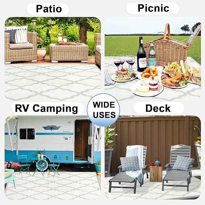 OutdoorLines Outdoor Plastic Area Rugs for Patio 5x8 ft - Reversible Outside Carpet, Stain & UV Resistant RV Mats, Straw Rug for Camping, Deck Garden, Porch and Balcony, Moroccan/Beige & Light Grey