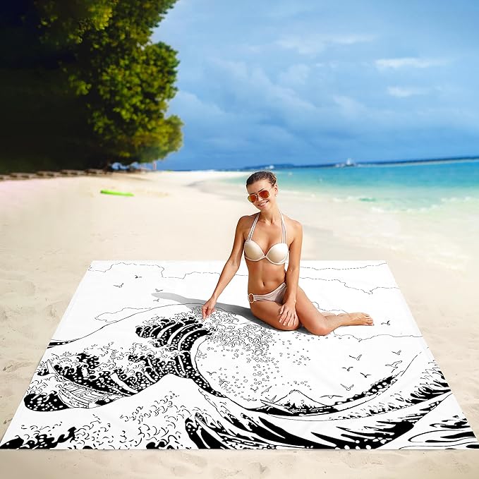 Beach Blanket, Waterproof Sandproof Beach Mat with 4 Stakes & 4 Pockets, 78''×86'' Lightweight Outdoor Picnic Blanket for Travel, Camping, Hiking