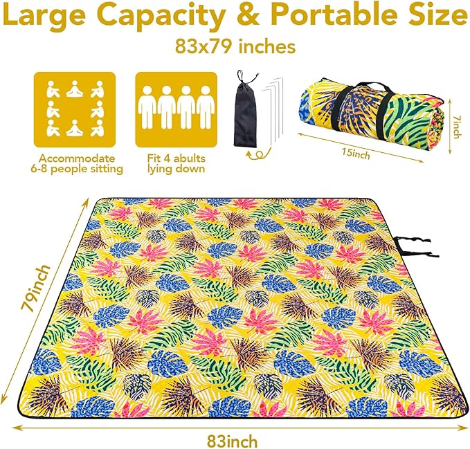 PY SUPER MODE Picnic Blankets Extra Large, Waterproof Foldable Outdoor Beach Blanket Oversized 83x79” Sandproof, 3-Layer Picnic Mat for Camping, Hiking, Travel, Park, Concerts-Tropical Color Leaf