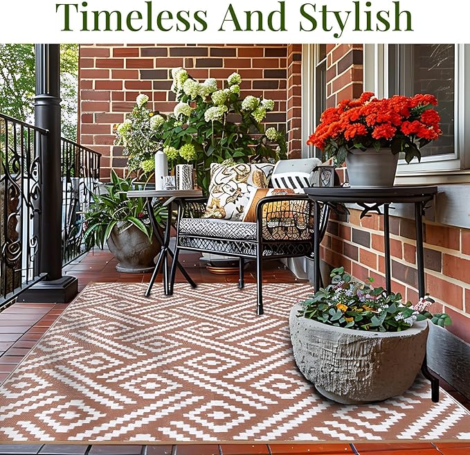 OPPODREAM Outdoor Rug 9x12 Patio Waterproof, Large Outdoor Plastic Straw Rug, Reversible Out Door Carpet for Camping, Deck, Rv, 9 x 12 Area Carpet for Balcony, Porch, Backyard, White and Brown