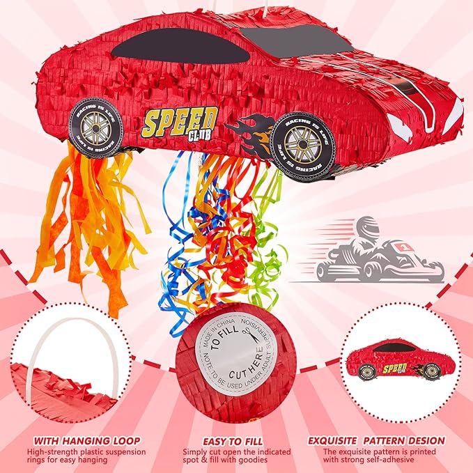 4 Pcs 15.7 Inch Race Car Piñata with Pull Strings, 3D Car Piñata with Blindfold Bat Confetti Double Sided, Race Cars Photo Booth Props for Boy Race Car Theme Birthday Baby Shower Party Supplies