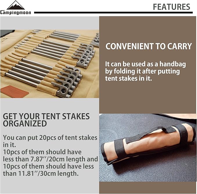 CAMPINGMOON Cotton Canvas Tent Stake Case Storage Bag Max 11.81’’/30cm in Length Beige Color B126