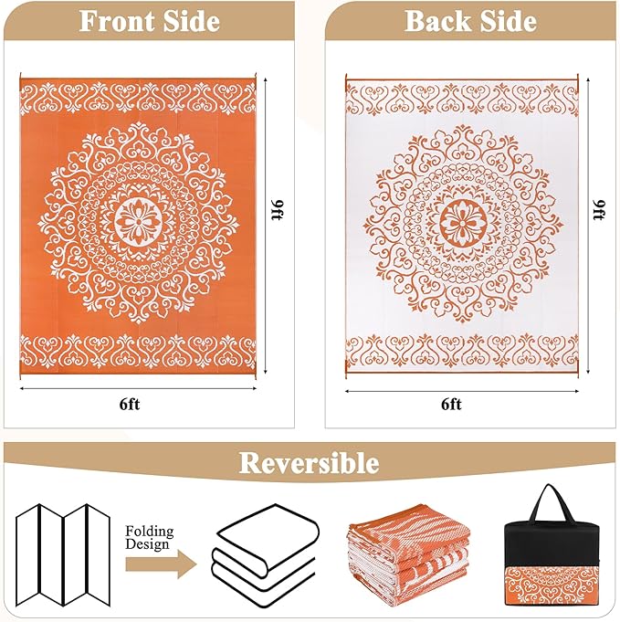 Pauwer Waterproof Outdoor Rug 6x9, Reversible Plastic Straw Patio Camping Rug, Indoor Outdoor RV Mat Carpet for Deck, Camper, Porch, Balcony, Backyard, Picnic, Floral Orange